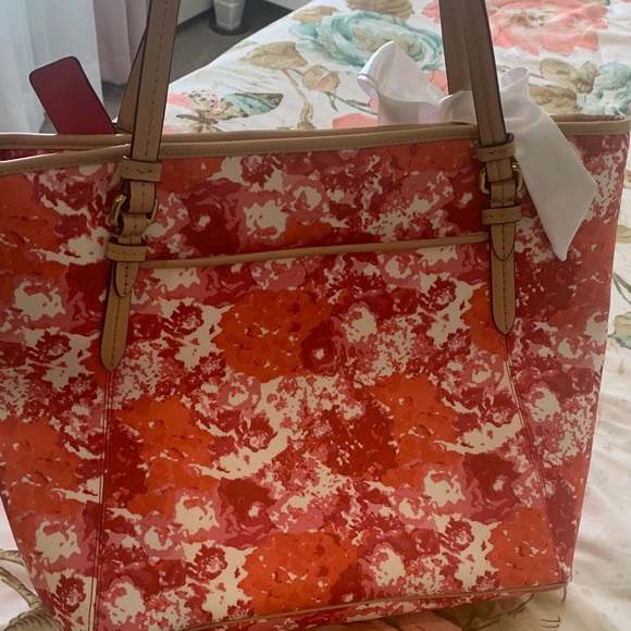 Coach Red and White Floral Tote w twilly - Picture 7 of 7